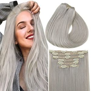 Human hair light gray blonde clip on hair extensions